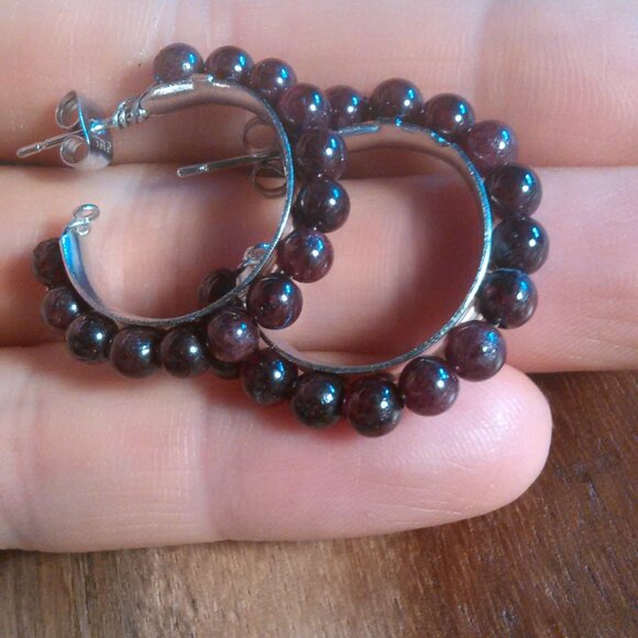 Mozambique Garnet Stainless Steel Hoop Earrings - Picture 1 of 8